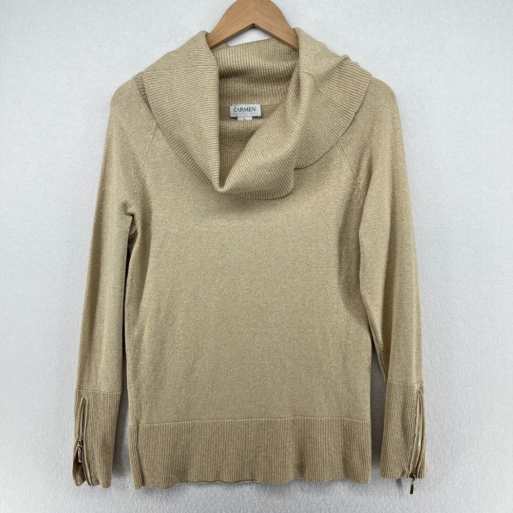 CARMEN Sweater L MARC VALCO Cowl Neck Metallic Pullover Rayon Blend Beige Gold